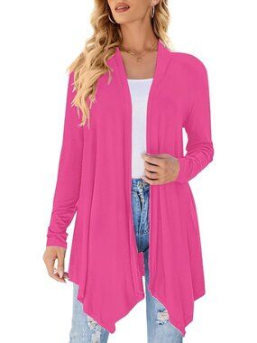 Women's Hot Pink Lightweight Long Sleeve Open Front Duster Cardigan Sweaters